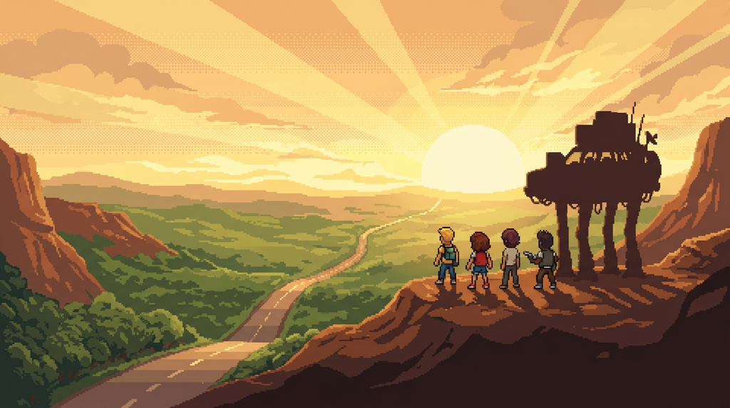 The hopeful ending scene — the crew and their mech on the road home at sunrise.