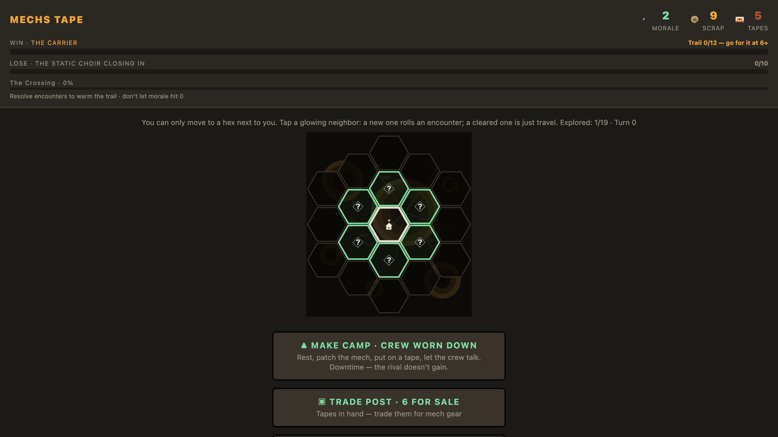 The Mechs Tape map with terrain art behind the hexes and the run's win/lose stakes spelled out across the top bar.