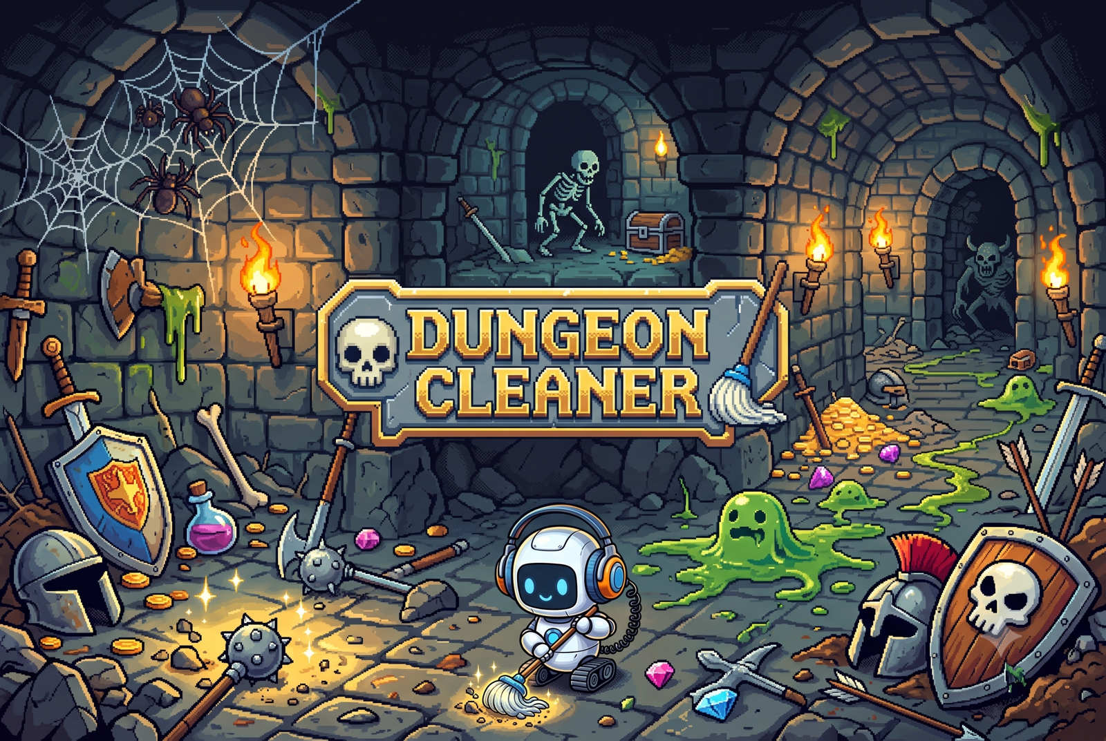 Dungeon Cleaner key art — a cute janitor-bot mopping a torch-lit dungeon strewn with treasure, slimes, fallen armor, and a skeleton, with something lurking in the shadows.